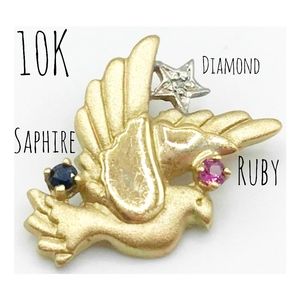 10K Solid Yellow Gold Diamond Ruby Saphire Dove Bird Pendant
